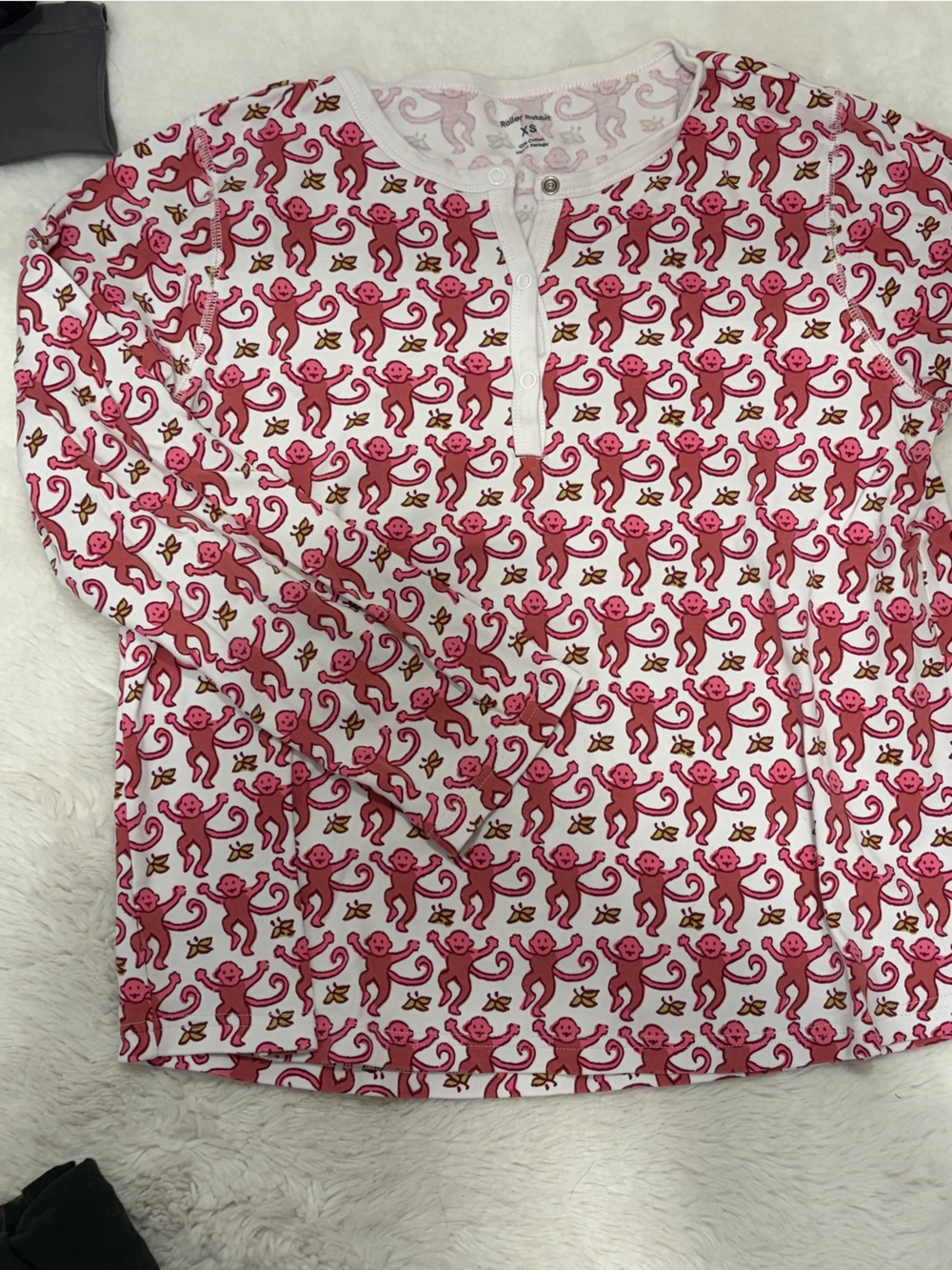 Roller Rabbit Pink and White Monkey Print Long-Sleeve Pajama Top and bottoms set